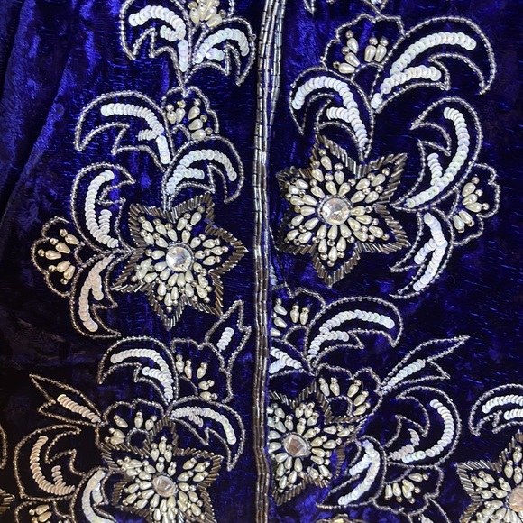 Vintage Blue Velvet Size Large Beaded Pearls Blazer Topper USA Made Event NYEve - Picture 4 of 12
